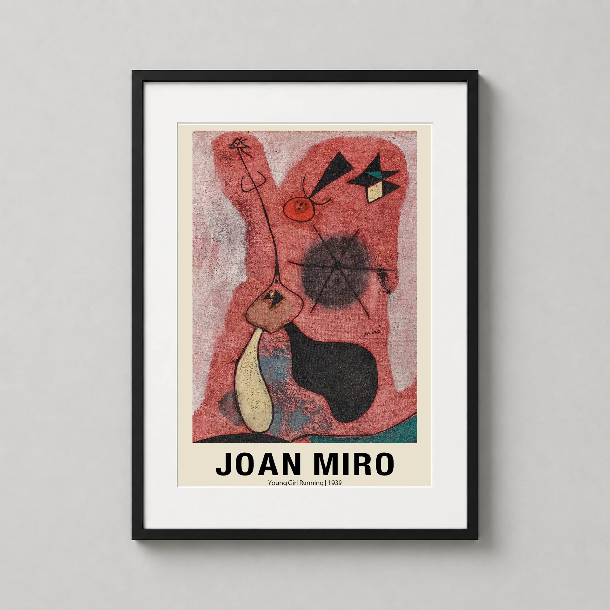 Room mockup of Young Girl Running 1939 Joan Miro Surrealist Abstract Art Print, displayed as framed wall art in a living room setting as a portrait print with orange, red, and black tones.