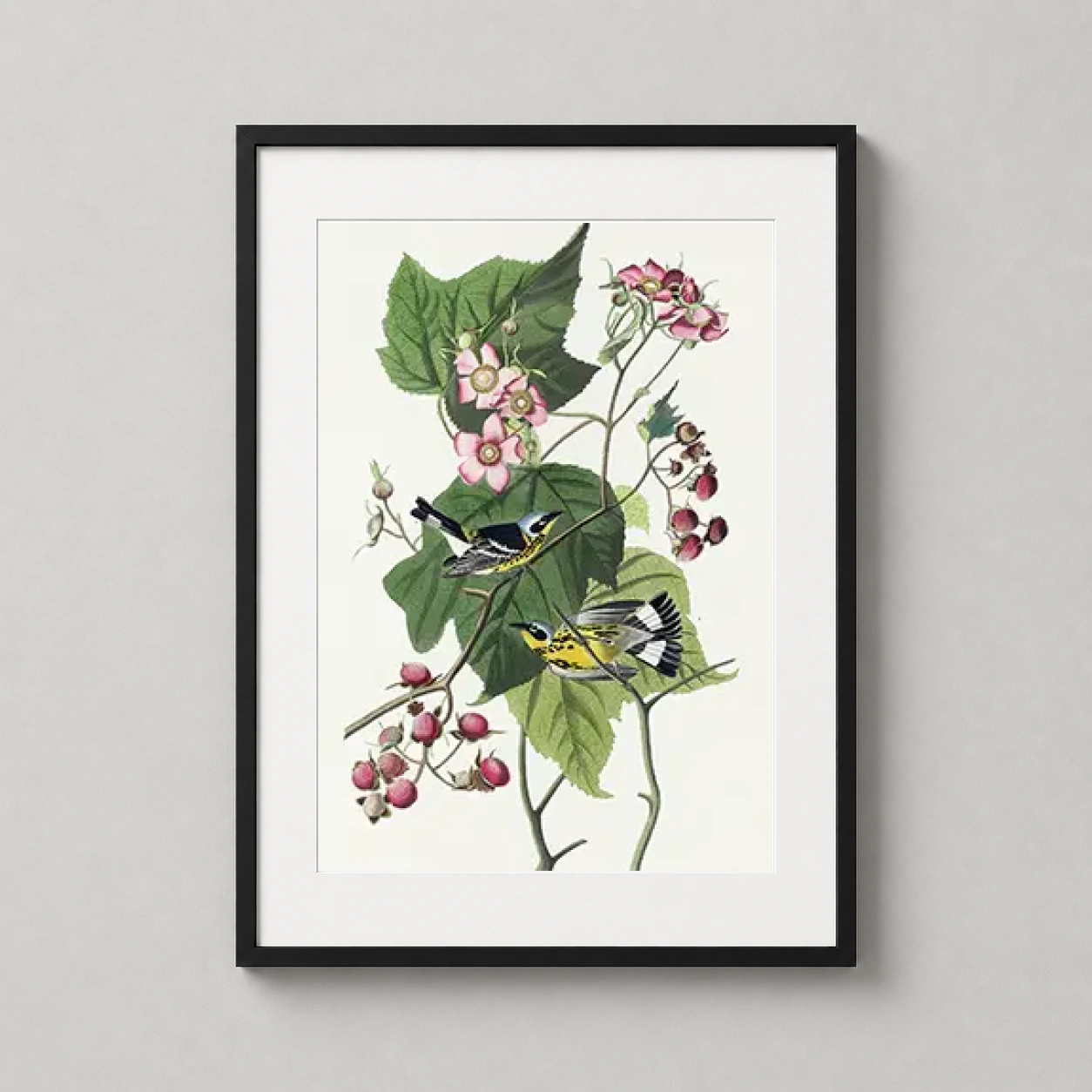 Room mockup of John James Audubon Black-Yellow Warbler Botanical Bird Art Print, displayed as framed wall art in a bedroom setting as a portrait print with green, yellow, and pink tones.