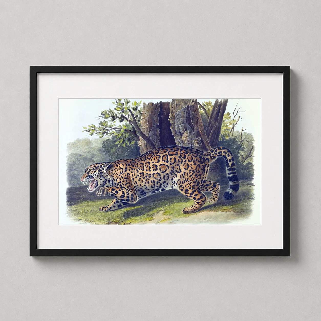 Room mockup of John James Audubon Jaguar, Felis Onca Vintage Art Print, displayed as framed wall art in a bedroom setting as a landscape print with gold and brown tones.