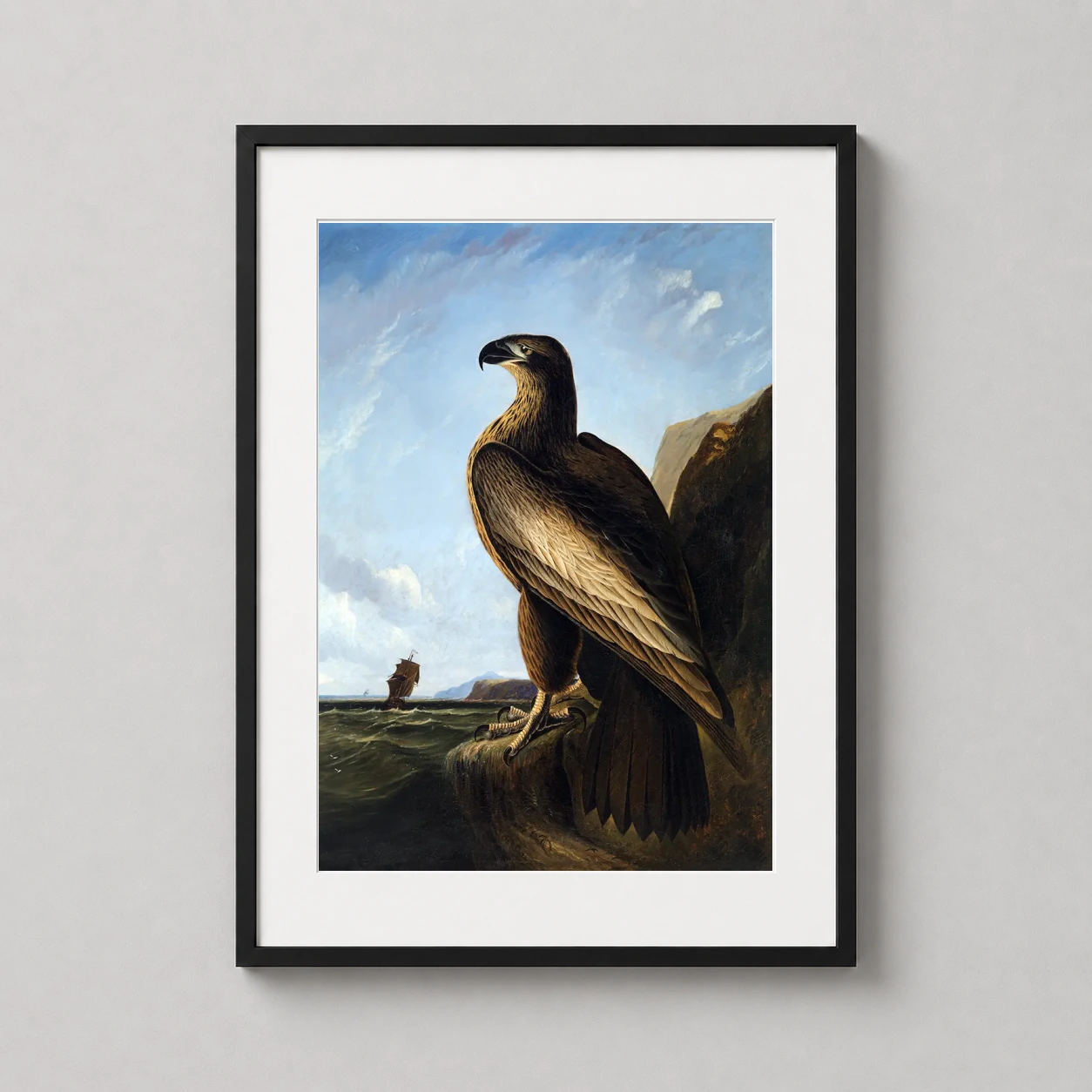 Room mockup of John James Audubon Washington Sea Eagle, Bird Life Art Print, displayed as framed wall art in a bedroom setting as a portrait print with blue and gold tones.