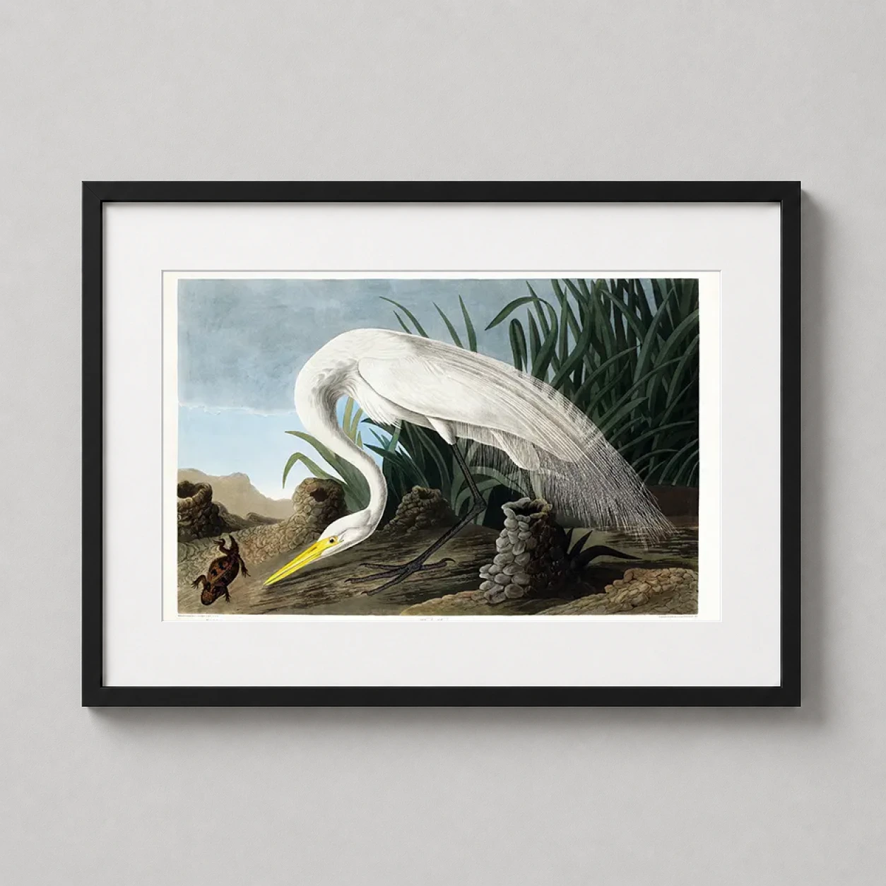 Room mockup of White Heron John James Audubon Great Egret Bird Art Print, displayed as framed wall art in a bedroom setting as a landscape print with white tones.