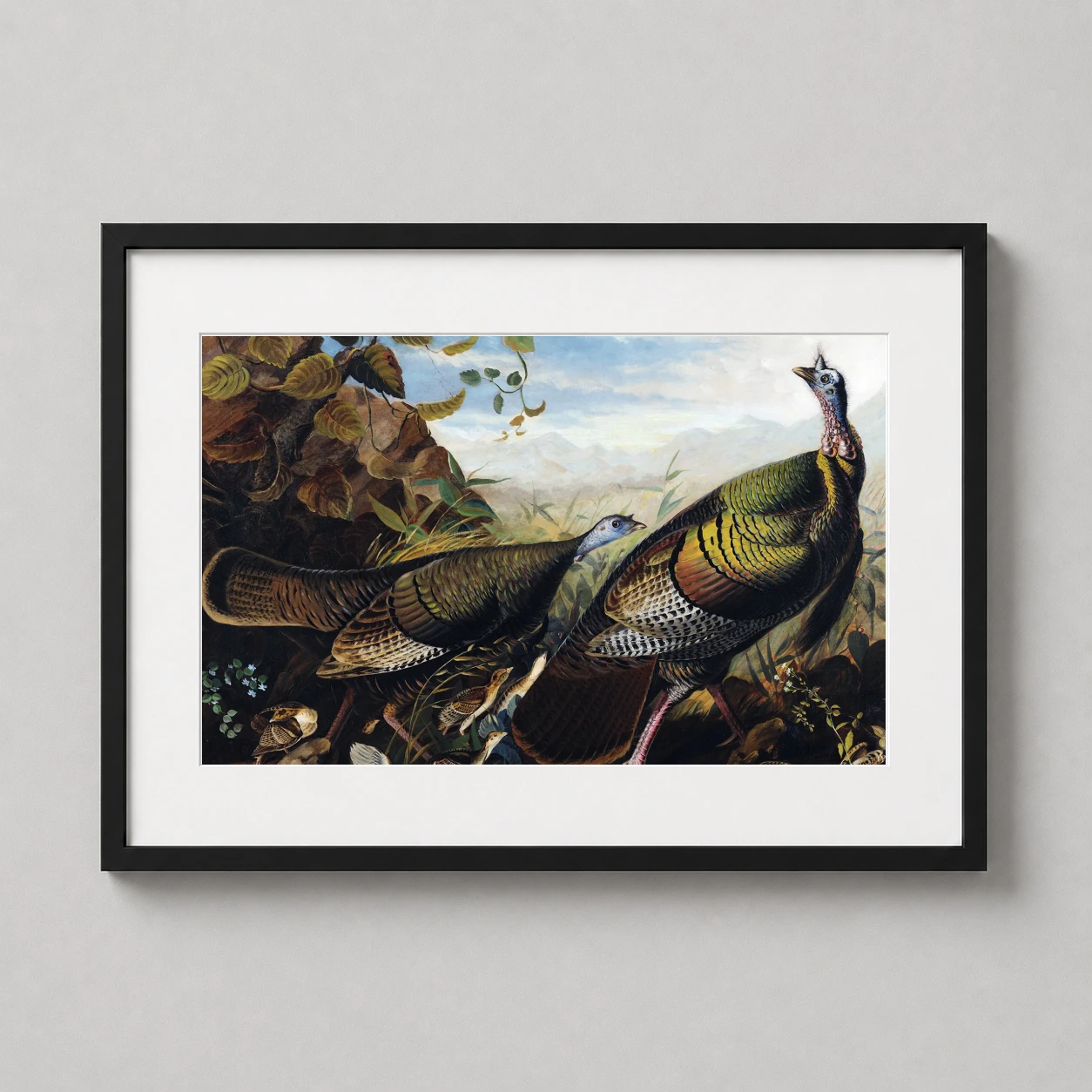 John James Audubon Wild — wild turkey cock and hen lead their young through a detailed rocky