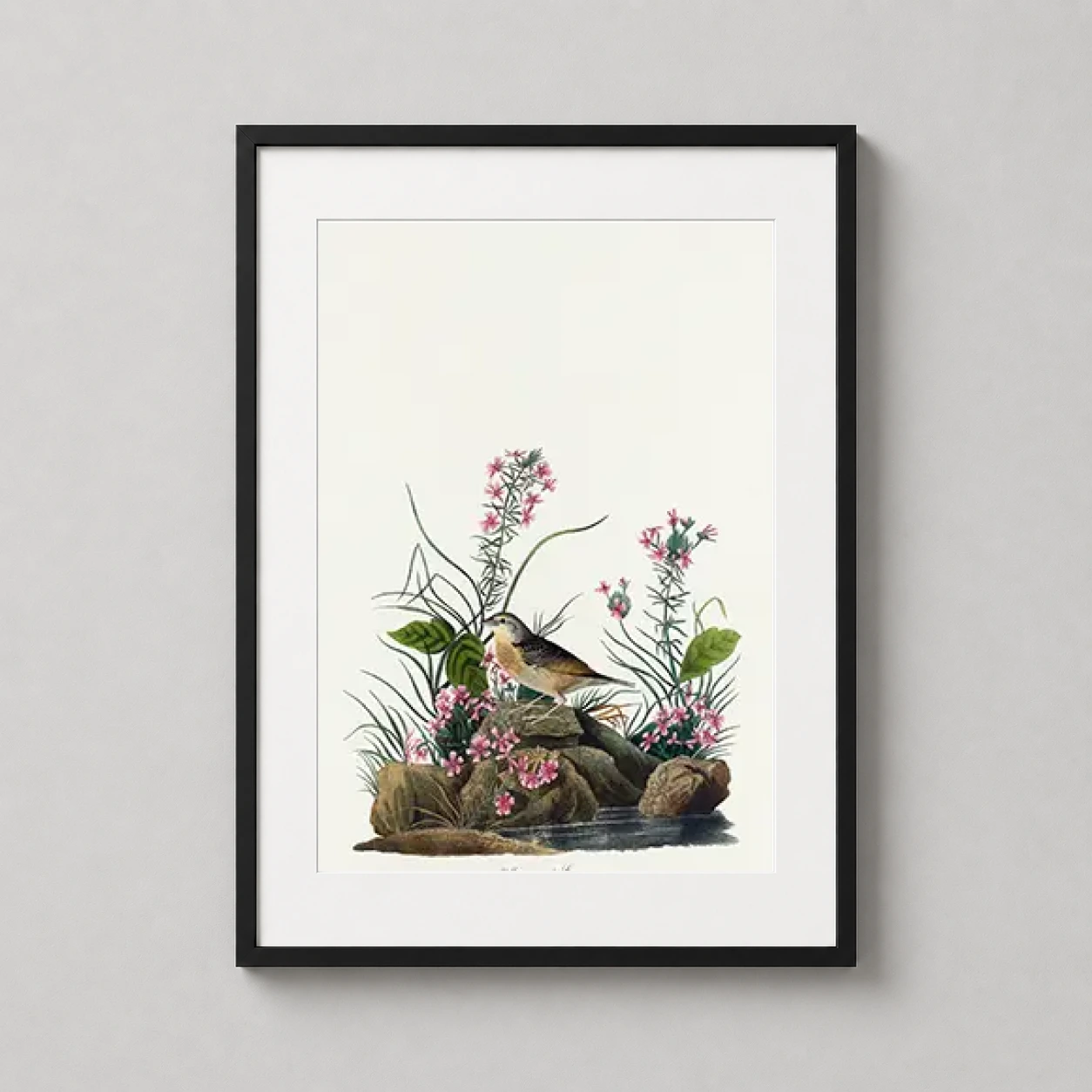 Room mockup of Yellow-winged Sparrow Audubon Birds of America Art Print, displayed as framed wall art in a bedroom setting as a portrait print with green, yellow, and pink tones.