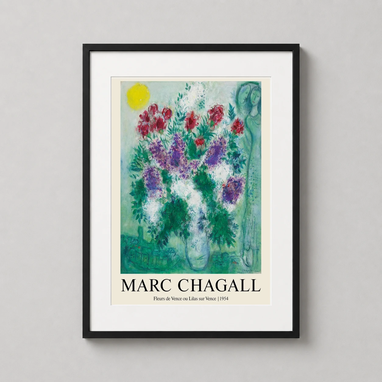 Room mockup of Marc Chagall Fleurs de Vence 1954 Exhibition Art Print, displayed as framed wall art in a living room setting as a portrait print with green, red, and purple tones.