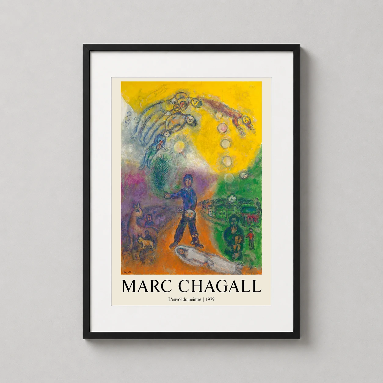 Room mockup of Marc Chagall L'envol du peintre 1979 Museum Exhibition Art Print, displayed as framed wall art in a living room setting as a portrait print with blue and yellow tones.