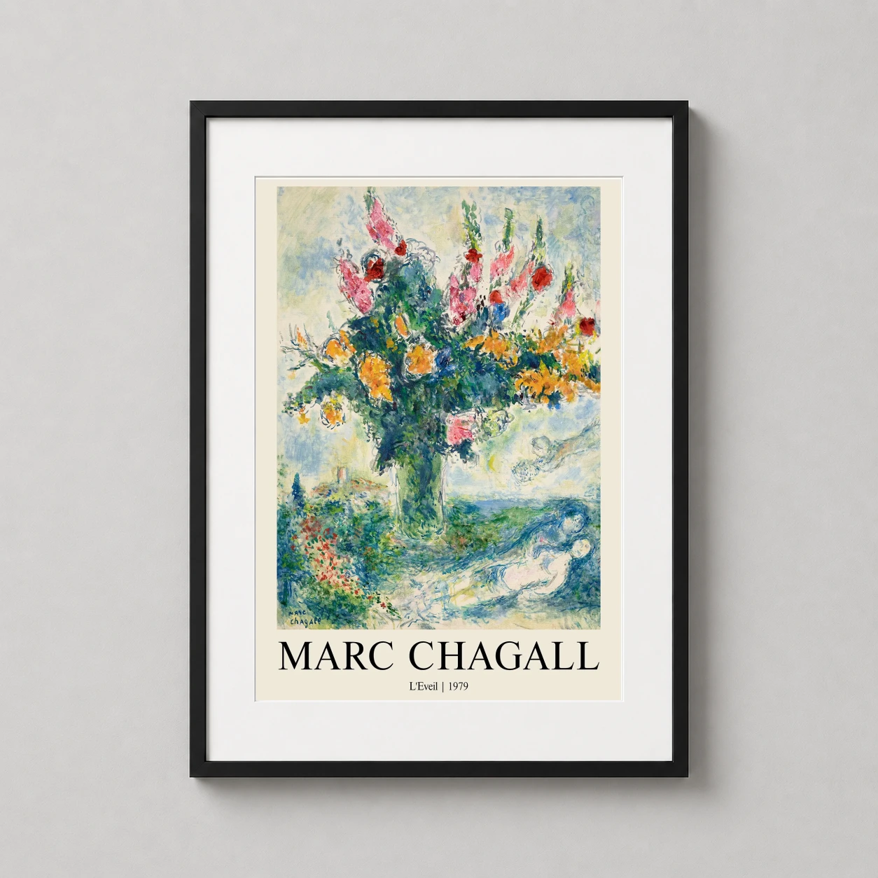 Room mockup of Marc Chagall L'Eveil Floral Bouquet Exhibition Art Print, displayed as framed wall art in a bedroom setting as a portrait print with red tones.