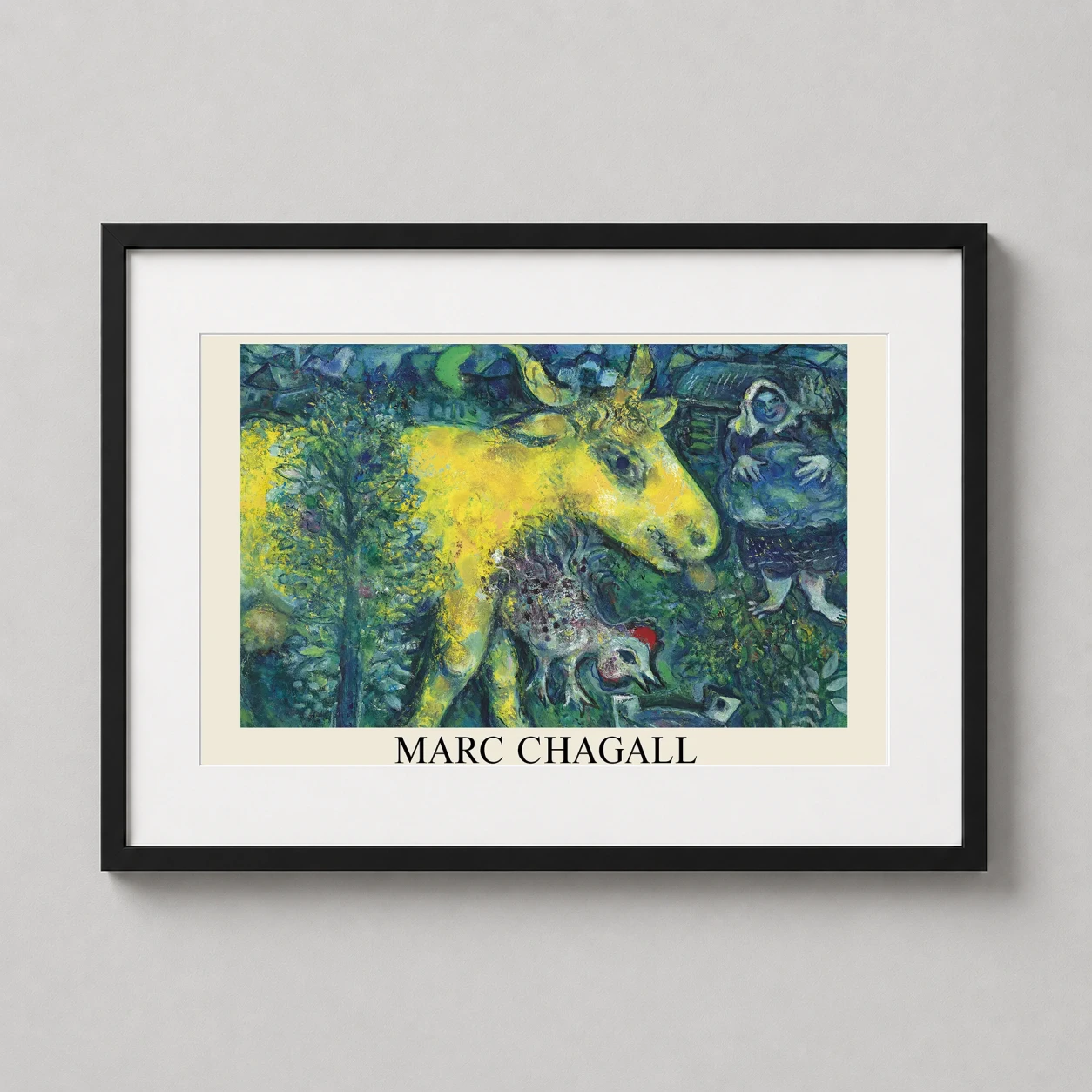Room mockup of Marc Chagall La Ferme 1962 Surrealist Village Scene Art Print, displayed as framed wall art in a living room setting as a landscape print with yellow tones.