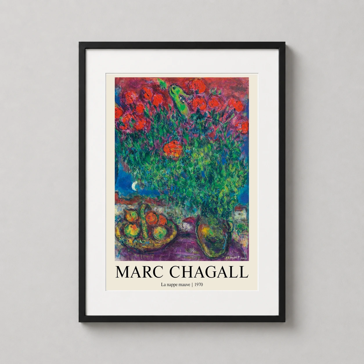 Room mockup of Marc Chagall La nappe mauve 1970 French Modernist Art Print, displayed as framed wall art in a living room setting as a portrait print with red tones.