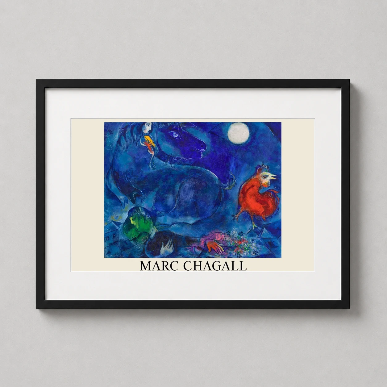 Room mockup of Marc Chagall Le cheval bleu 1948 Blue Horse Surrealist Art Print, displayed as framed wall art in a bedroom setting as a landscape print with blue tones.