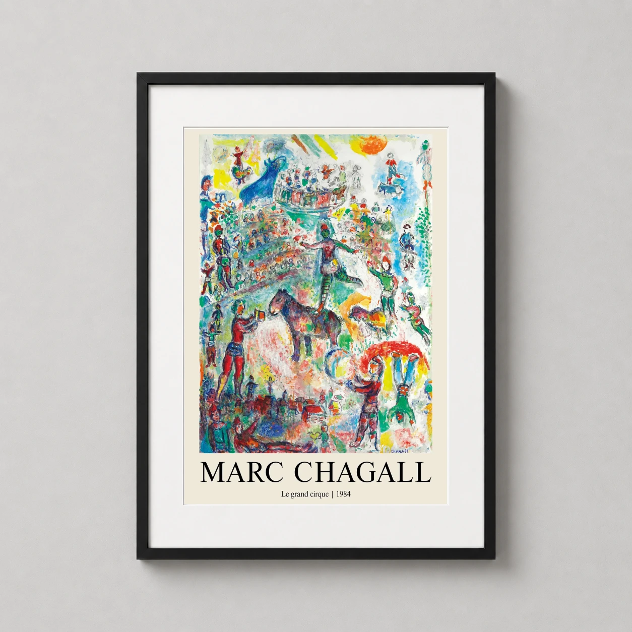 Room mockup of Marc Chagall Le Grand Cirque 1984 Exhibition Poster Art Print, displayed as framed wall art in a living room setting as a portrait print with blue tones.