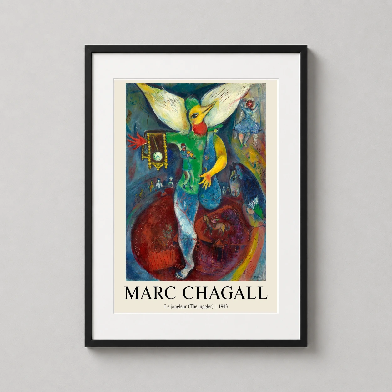 Room mockup of Marc Chagall Le jongleur (The Juggler) 1943 Modern Art Print, displayed as framed wall art in a living room setting as a portrait print with blue tones.