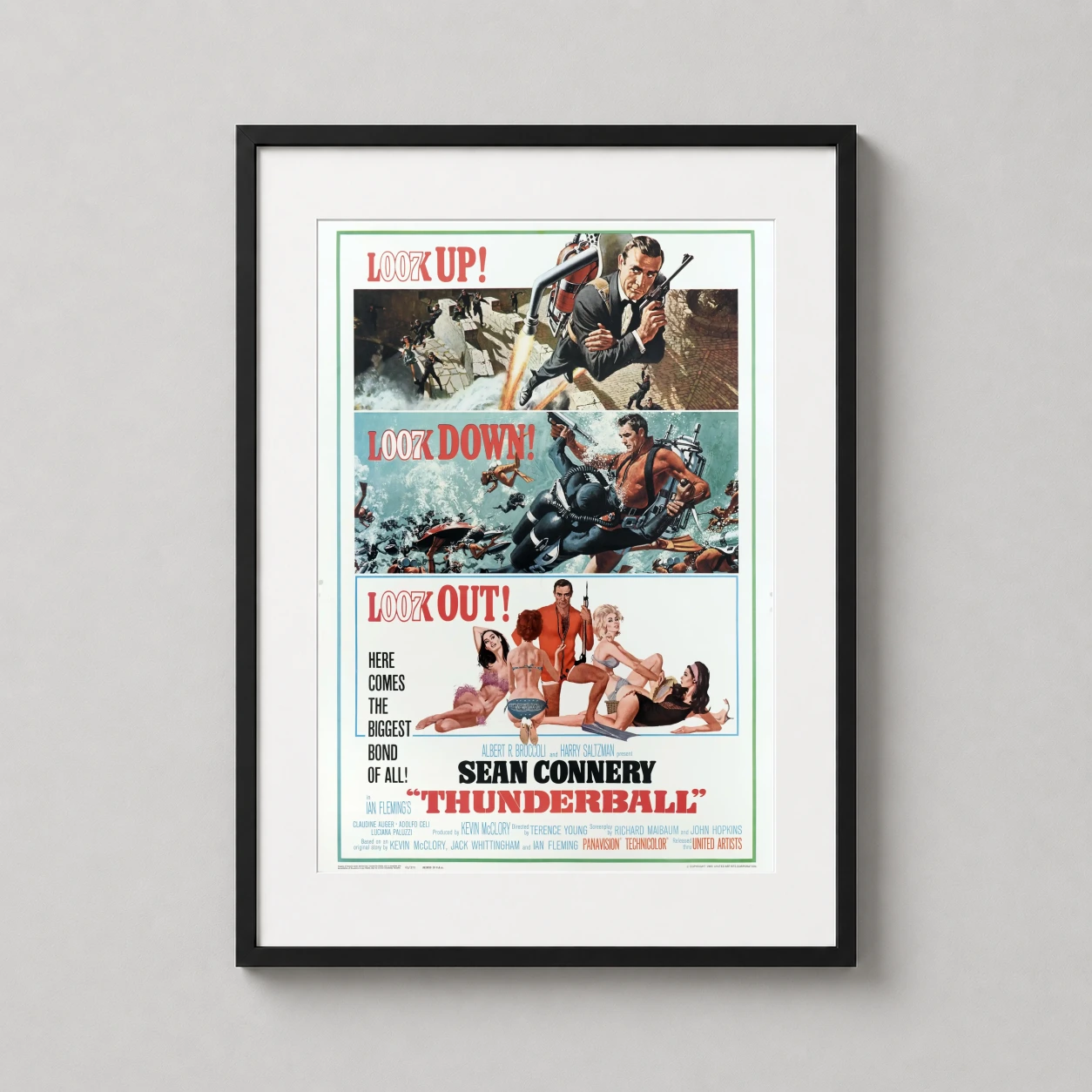 Room mockup of Thunderball James Bond 1965 Retro Action Movie Poster, displayed as framed wall art in a home theater setting as a portrait print with teal tones.