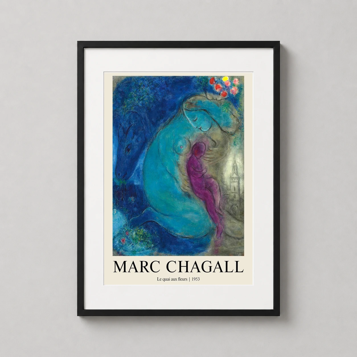 Room mockup of Marc Chagall Le quai aux fleurs 1953 Surrealist Art Print, displayed as framed wall art in a living room setting as a portrait print with blue tones.