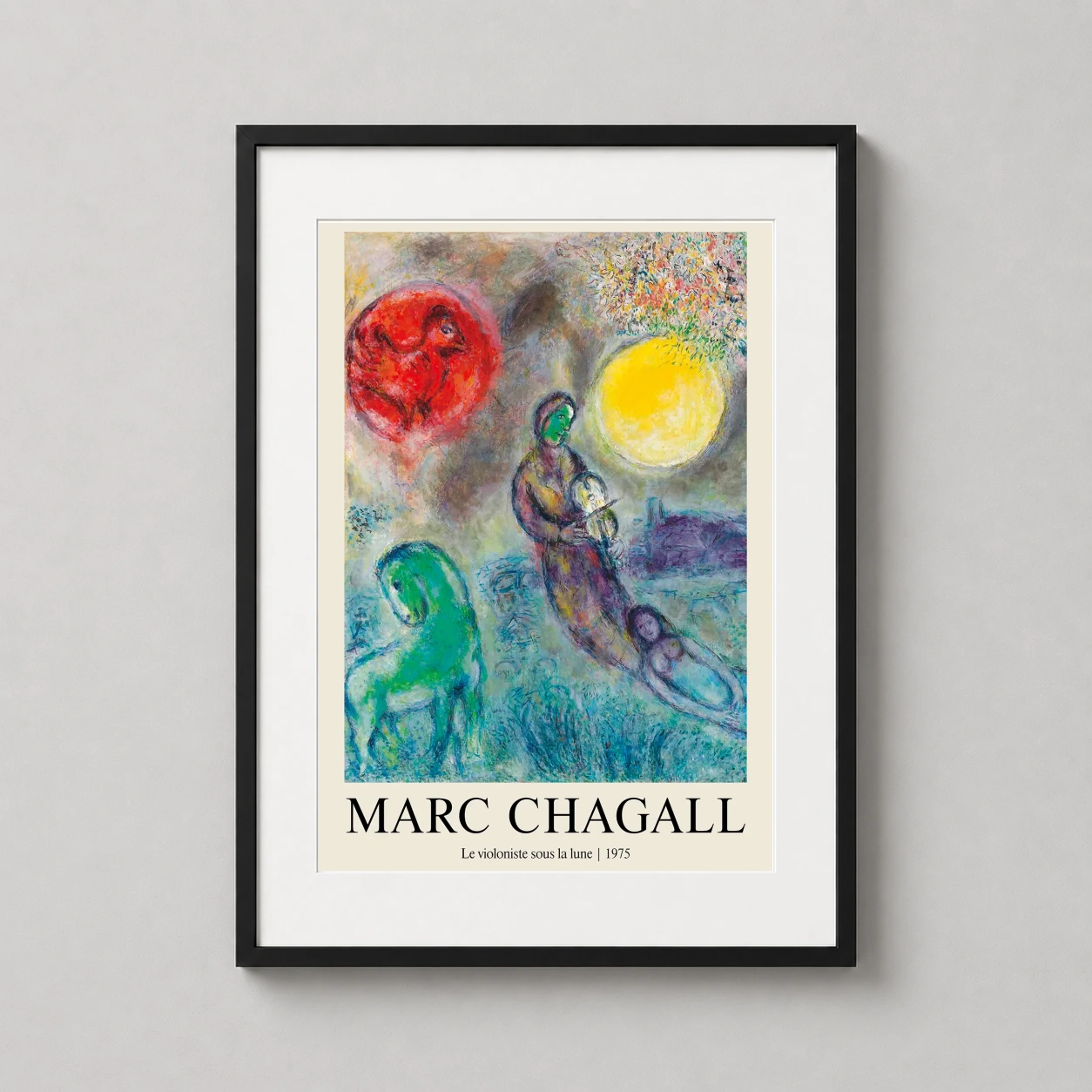 Room mockup of Marc Chagall Le Violoniste Sous La Lune, Surrealist Art Print, displayed as framed wall art in a living room setting as a portrait print with green and red tones.