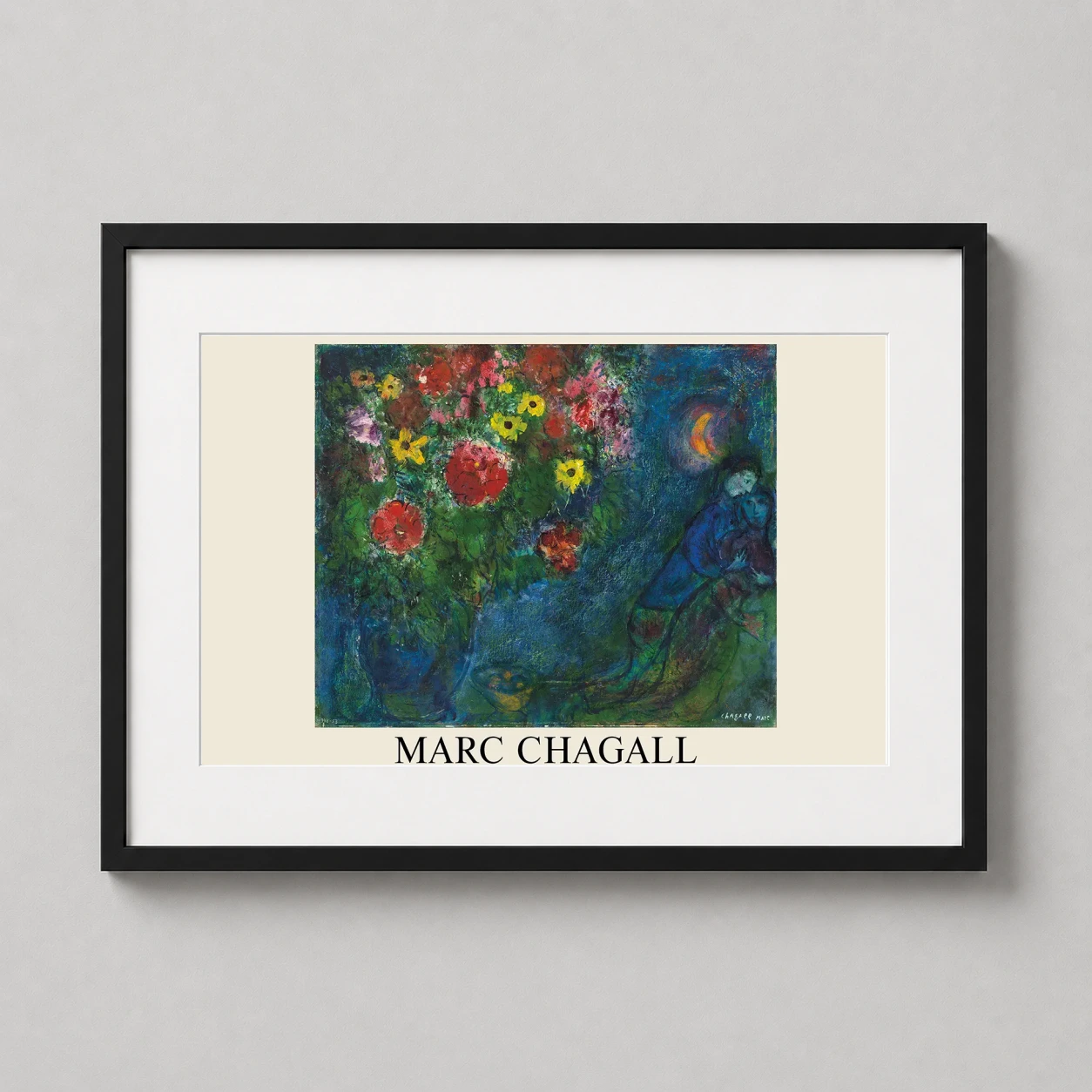 Room mockup of Marc Chagall Les Amoureux 1953 The Lovers Modern Art Print, displayed as framed wall art in a living room setting as a landscape print with blue tones.
