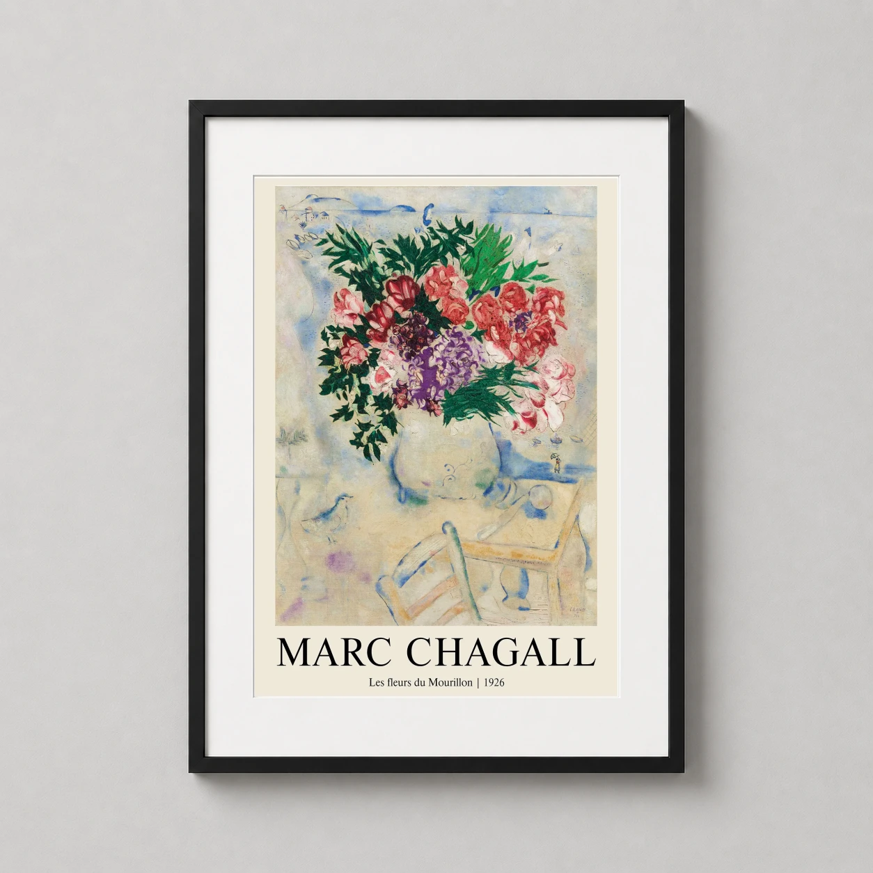 Room mockup of Marc Chagall Les fleurs du Mourillon 1926 Modernist Art Print, displayed as framed wall art in a living room setting as a portrait print with blue, pink, and purple tones.