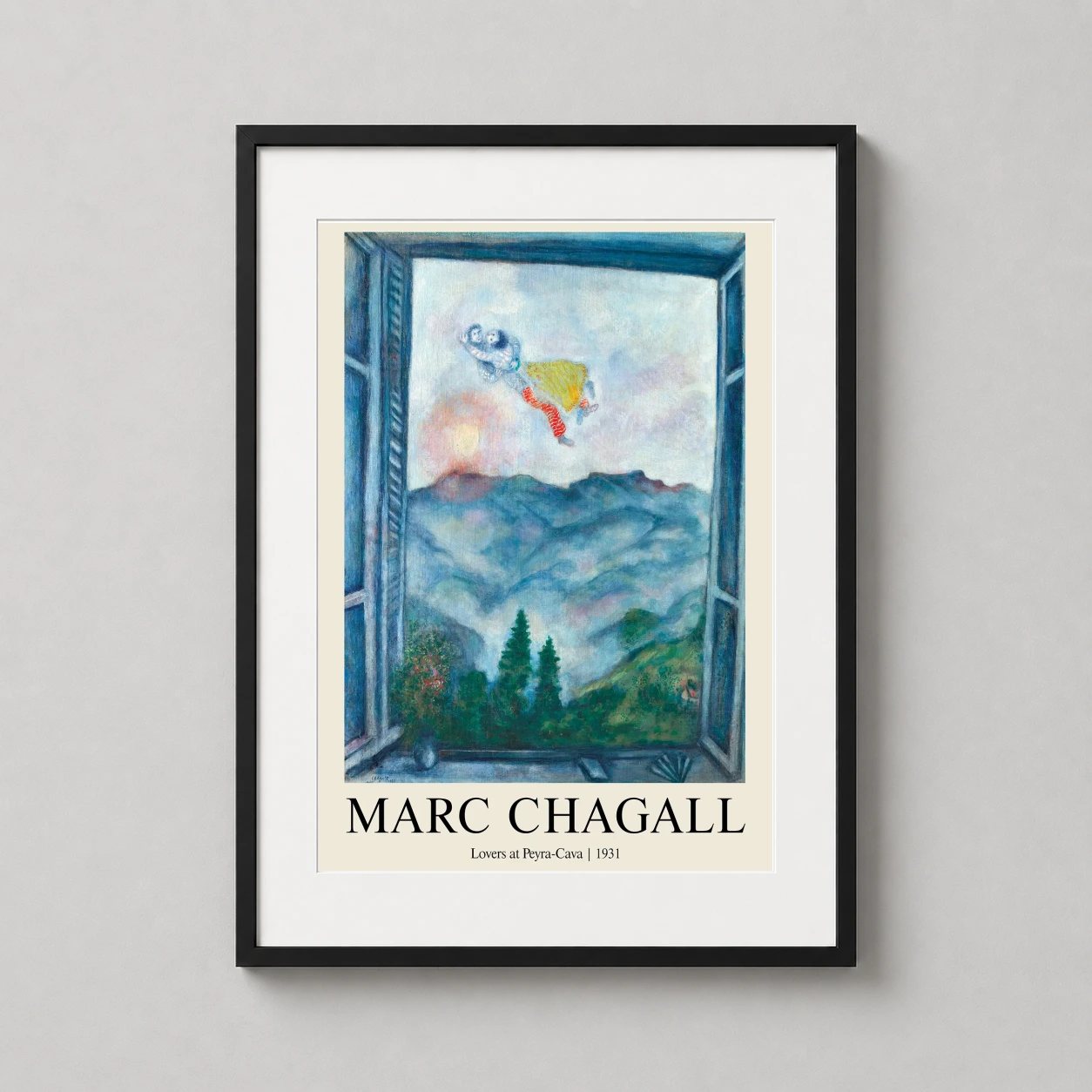 Room mockup of Marc Chagall Lovers at Peyra-Cava 1931 Expressionist Art Print, displayed as framed wall art in a living room setting as a portrait print with blue tones.