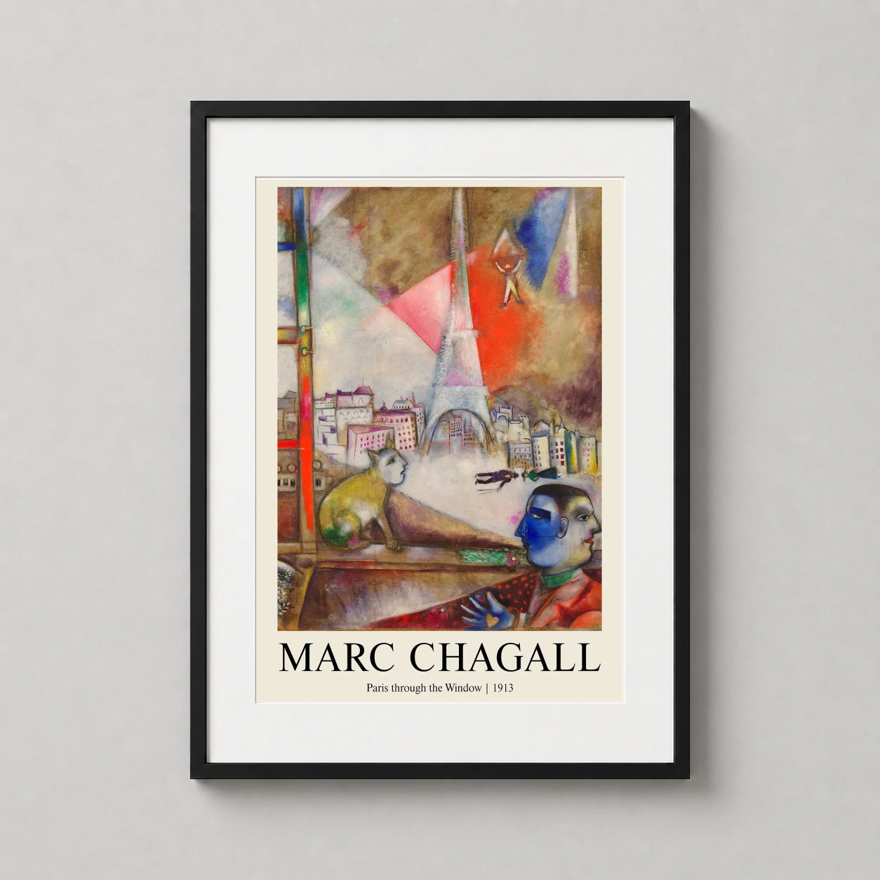 Room mockup of Marc Chagall Paris Through the Window 1913 Modern Art Print, displayed as framed wall art in a living room setting as a portrait print.