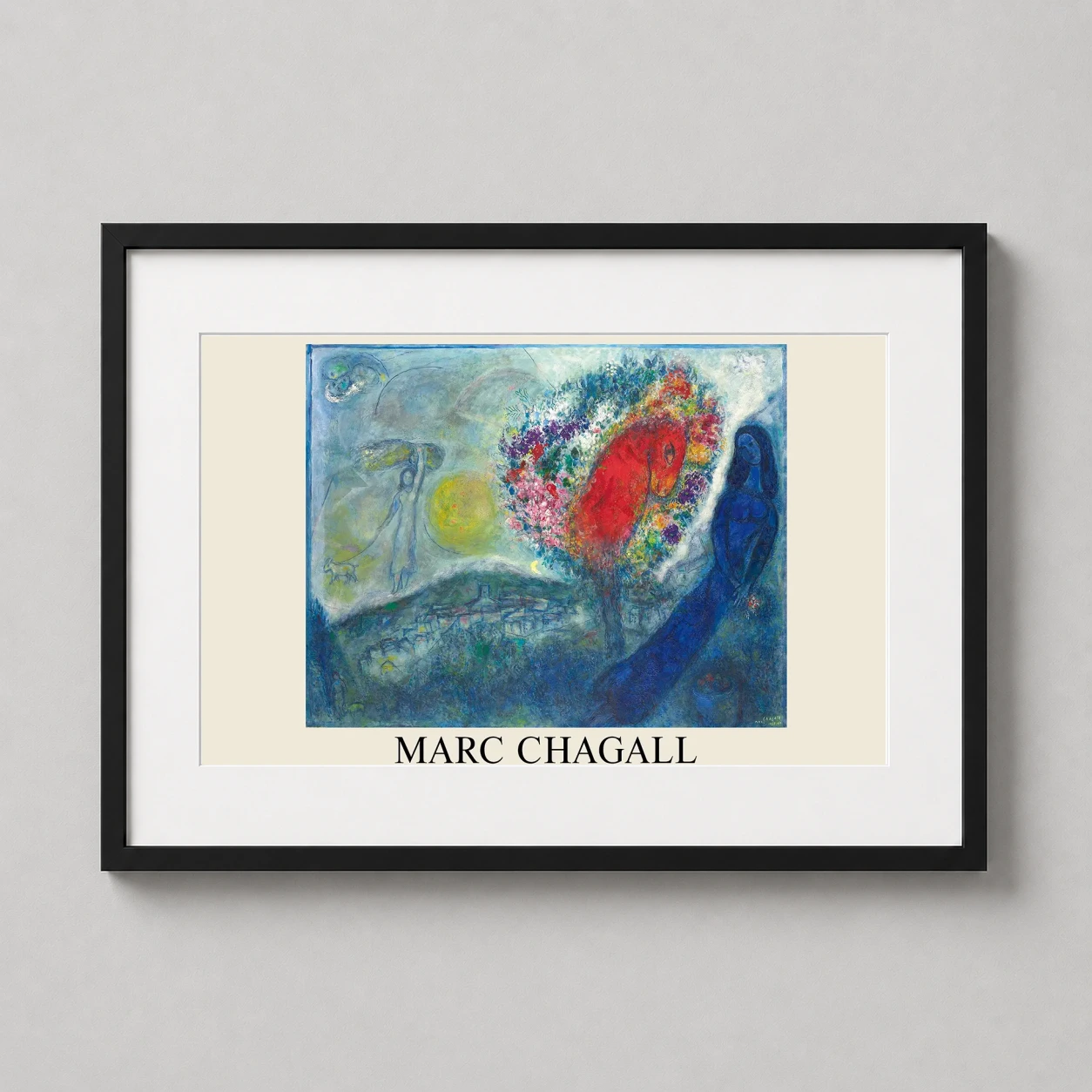 Room mockup of Marc Chagall, St. Jeannet 1958 Surrealist Fine Art Print, displayed as framed wall art in a living room setting as a landscape print with blue and red tones.