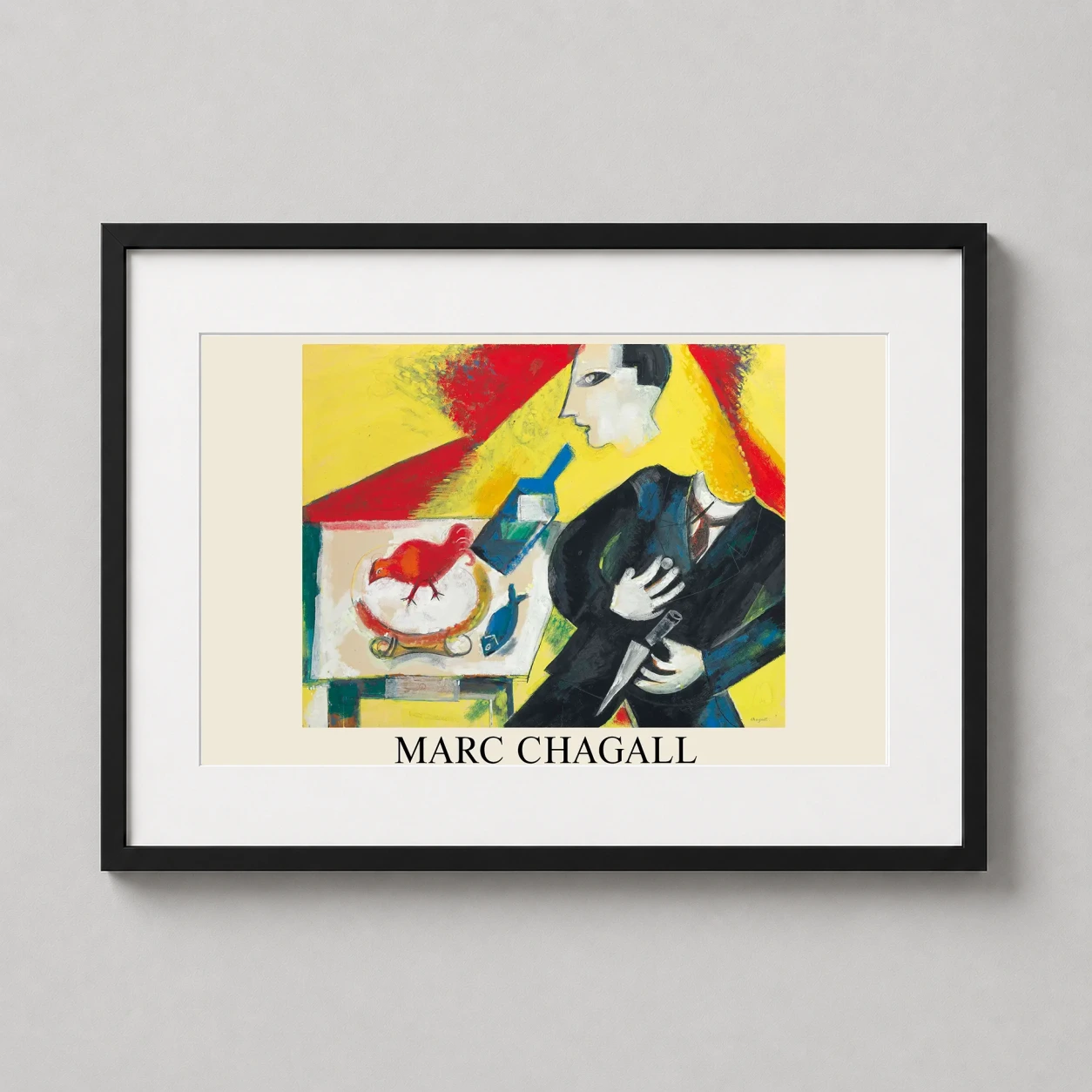 Room mockup of Marc Chagall The Drinker Absinthe Surrealist Expressionist Art Print, displayed as framed wall art in a living room setting as a landscape print with blue, yellow, and red tones.
