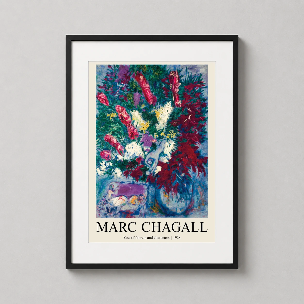 Room mockup of Marc Chagall Vase of Flowers and Characters, 1928 Art Print, displayed as framed wall art in a bedroom setting as a portrait print with red and white tones.
