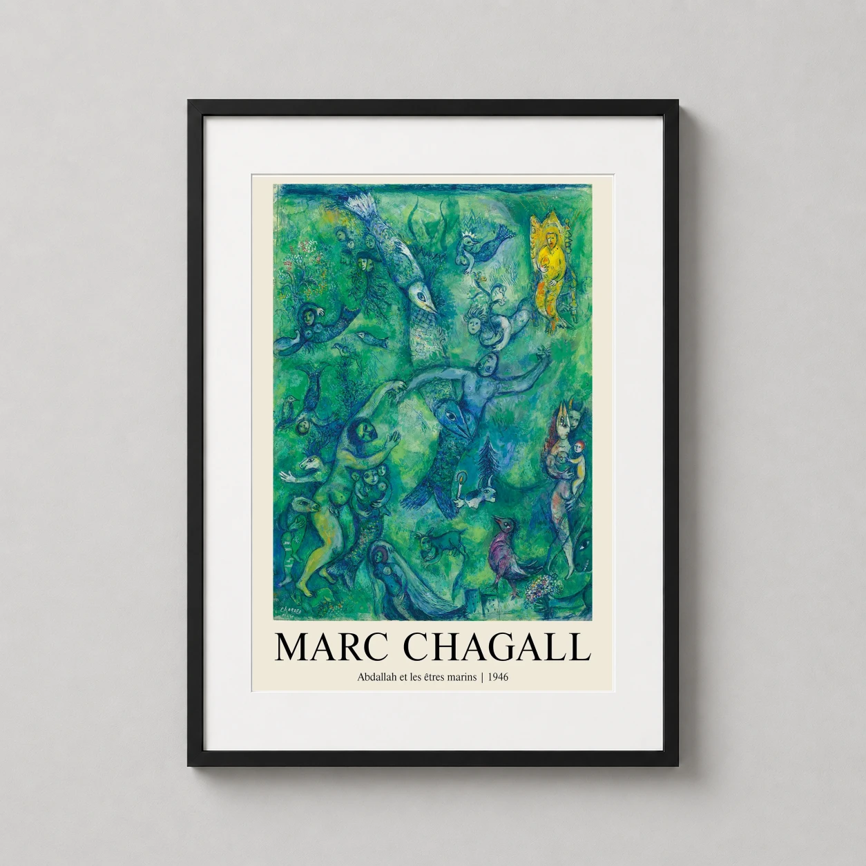 Room mockup of Marc Chagall, Abdallah et les êtres marins 1946 Art Print, displayed as framed wall art in a living room setting as a portrait print with teal and green tones.