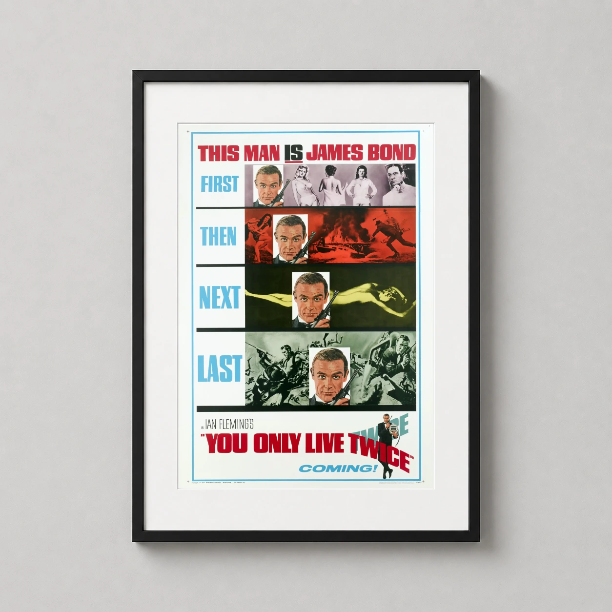 Room mockup of You Only Live Twice (1967) Teaser James Bond Movie Poster, displayed as framed wall art in a home theater setting as a portrait print with blue and red tones.