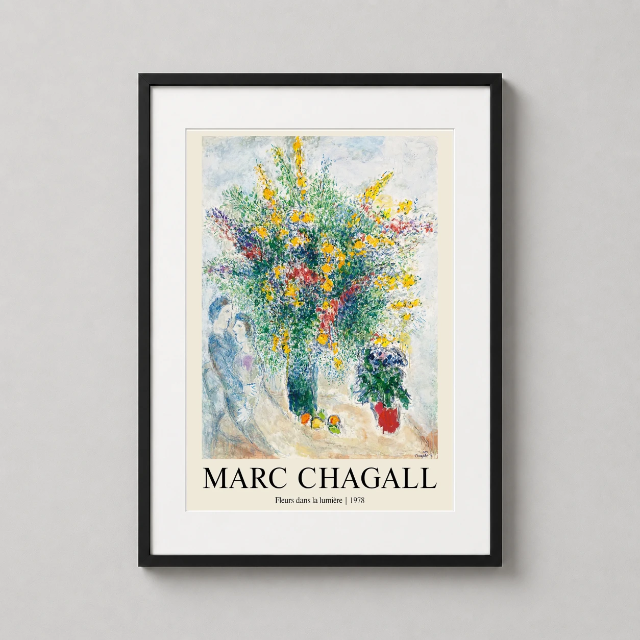 Room mockup of Marc Chagall Fleurs dans la Lumière 1978 Floral Art Print, displayed as framed wall art in a bedroom setting as a portrait print with yellow and red tones.