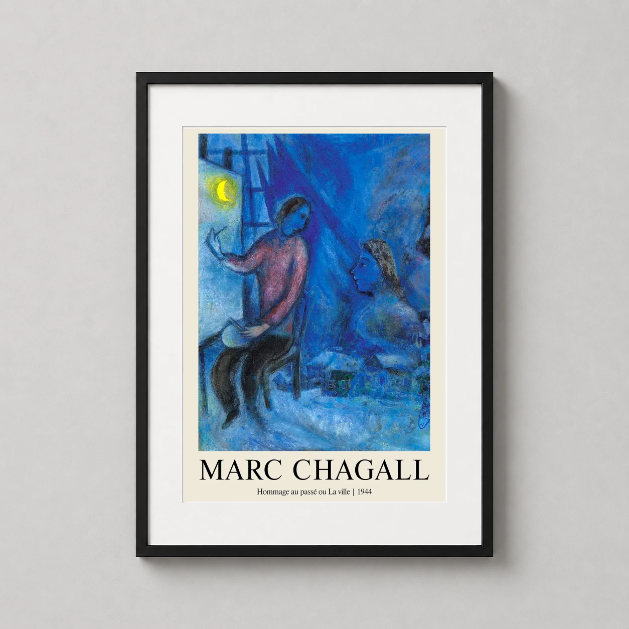 Room mockup of Marc Chagall Hommage au passé ou La ville 1944 Wall Art Print, displayed as framed wall art in a living room setting as a portrait print with blue and yellow tones.