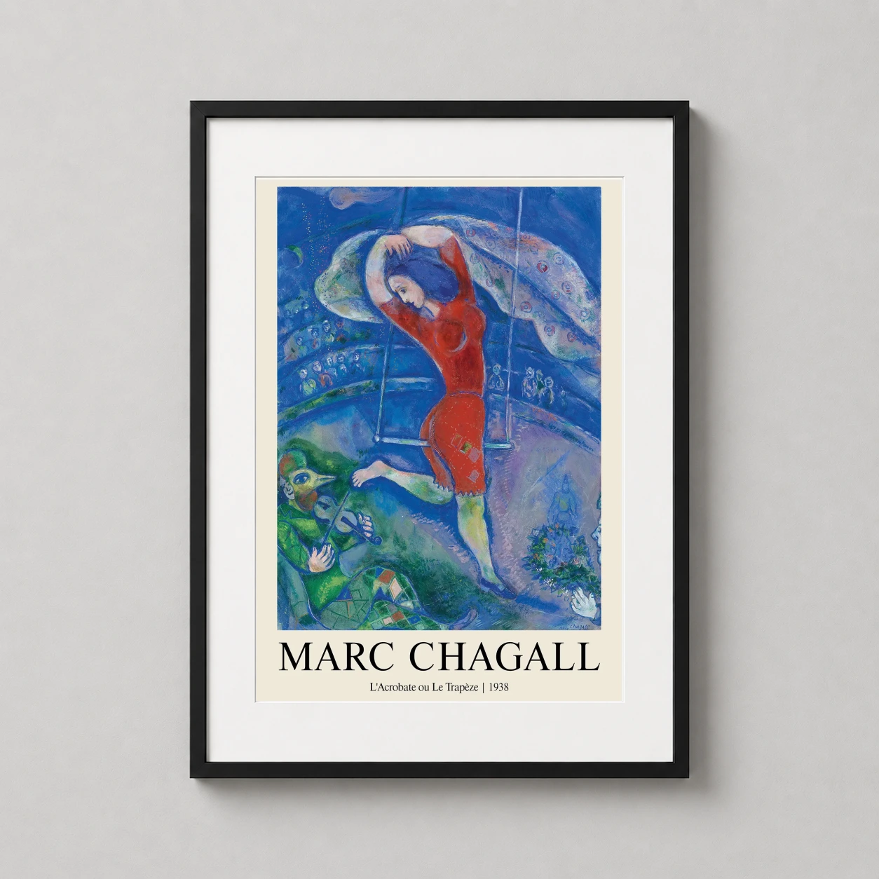 Room mockup of Marc Chagall Acrobat, L'Acrobate ou Le Trapèze 1938 Art Print, displayed as framed wall art in a living room setting as a portrait print with blue, green, and red tones.
