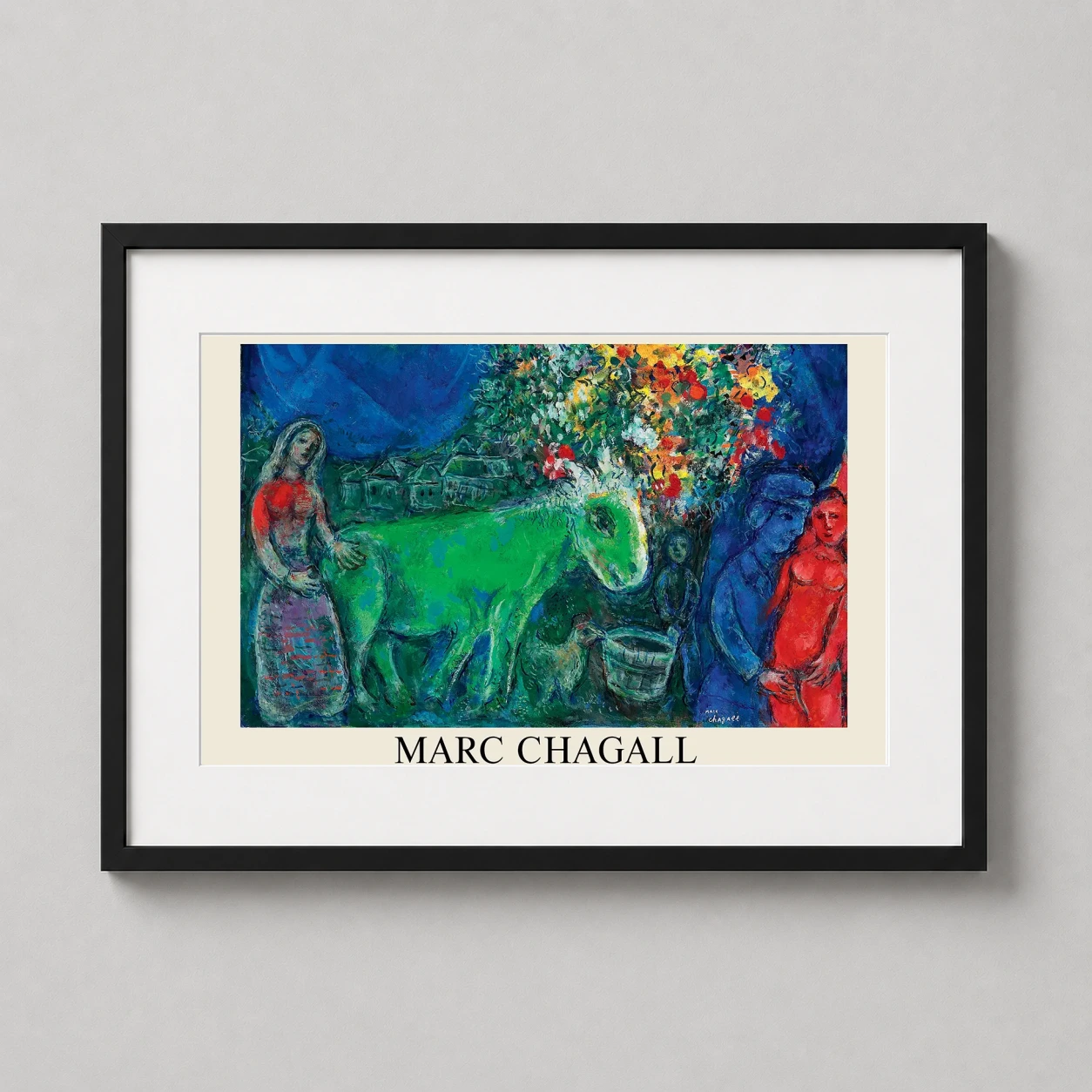 Room mockup of Marc Chagall L'âne vert 1973 Modernist Surrealist Art Print, displayed as framed wall art in a living room setting as a landscape print with green tones.