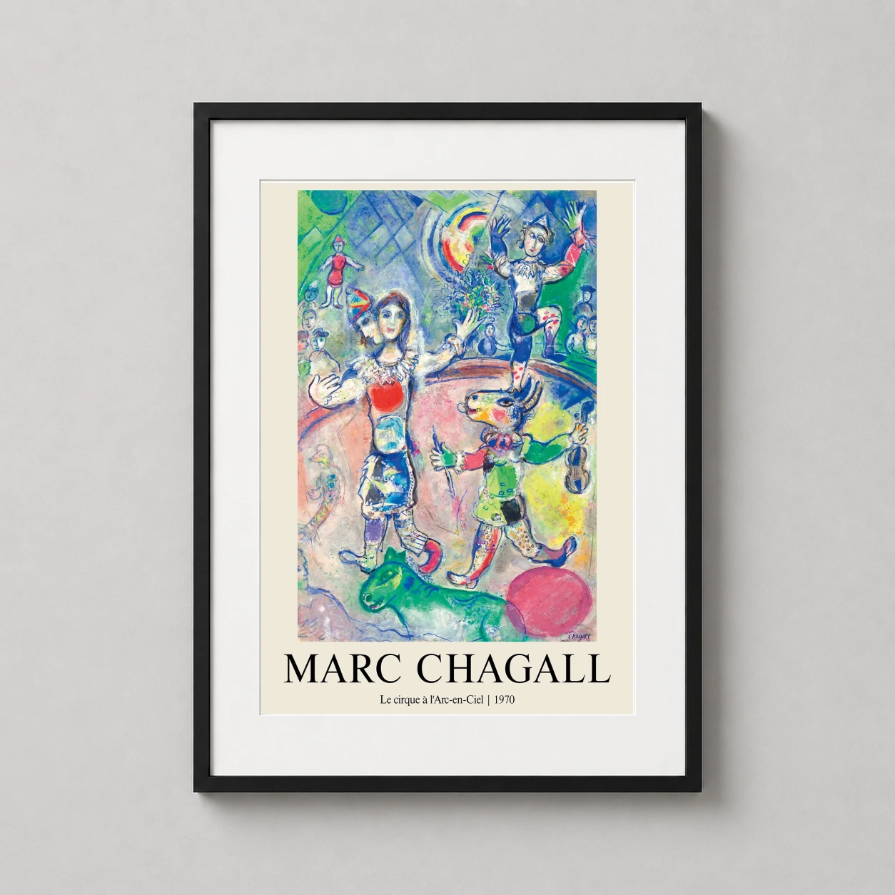 Marc Chagall le Cirque — vibrant surrealist scene featuring acrobats, a violinist, and a green