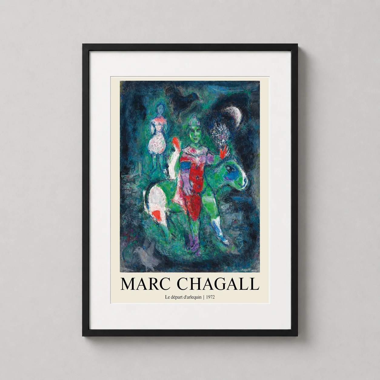 Room mockup of Marc Chagall Le Départ d'Arlequin 1972 Surrealist Art Print, displayed as framed wall art in a living room setting as a portrait print with blue and green tones.