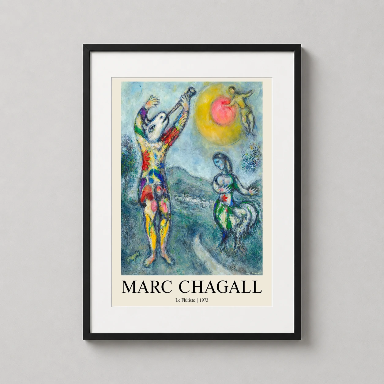 Room mockup of Marc Chagall Le Flûtiste 1973 Surrealist Exhibition Art Print, displayed as framed wall art in a living room setting as a portrait print with blue and yellow tones.