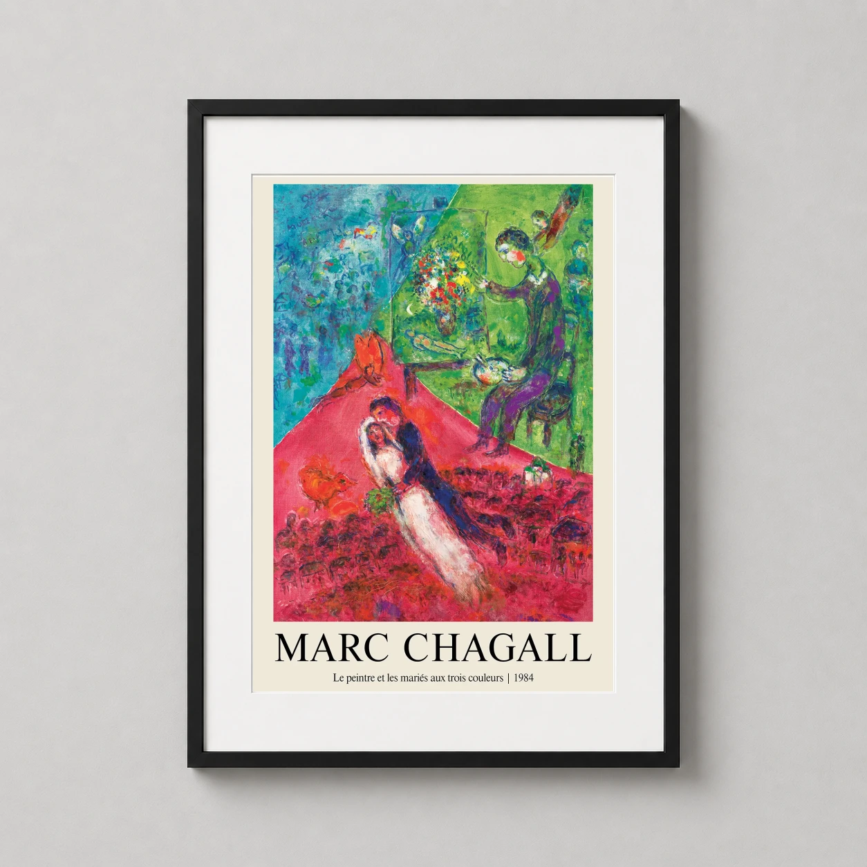 Room mockup of Marc Chagall Le peintre et les maries 1984 Surrealist Art Print, displayed as framed wall art in a living room setting as a portrait print with blue, green, and red tones.
