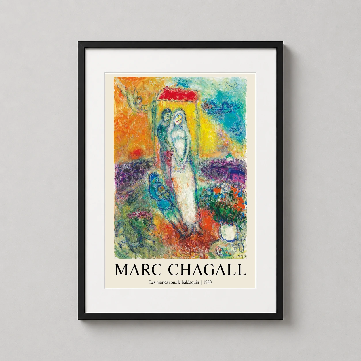 Room mockup of Marc Chagall, Les Maries Sous Le Baldaquin 1980 Art Print, displayed as framed wall art in a living room setting as a portrait print with blue tones.
