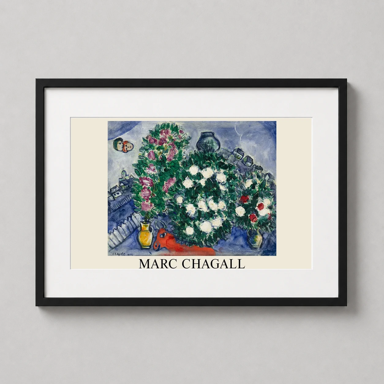 Room mockup of Les Trois Bouquets 1937 Marc Chagall Surrealist Art Print, displayed as framed wall art in a living room setting as a landscape print with blue and red tones.