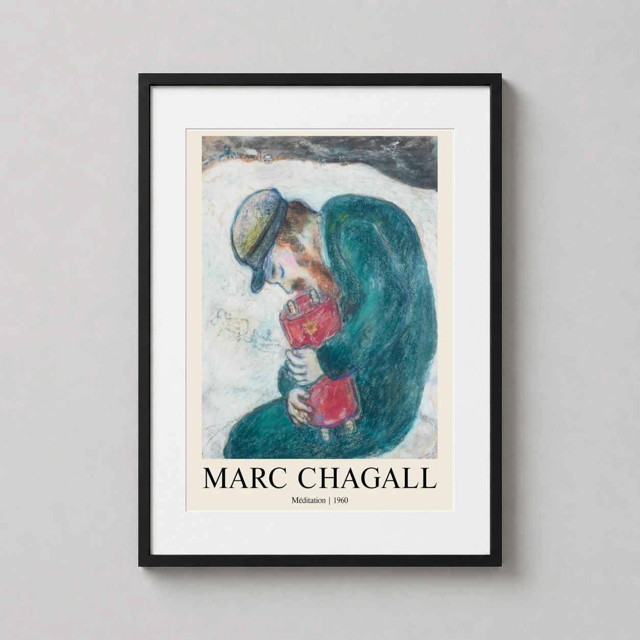 Room mockup of Marc Chagall Meditation 1960 Jewish Heritage Expressionist Art Print, displayed as framed wall art in a living room setting as a portrait print with blue and red tones.