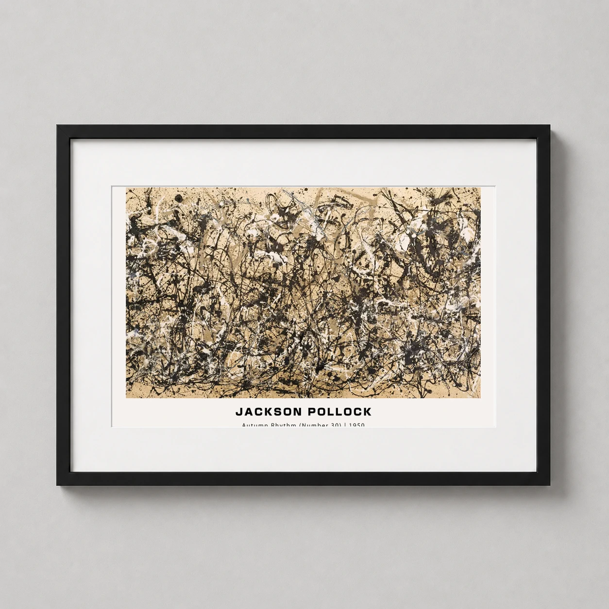 Room mockup of Autumn Rhythm Number 30 by Jackson Pollock, Abstract Art Print, displayed as framed wall art in a living room setting as a landscape print with brown, beige, and black tones.