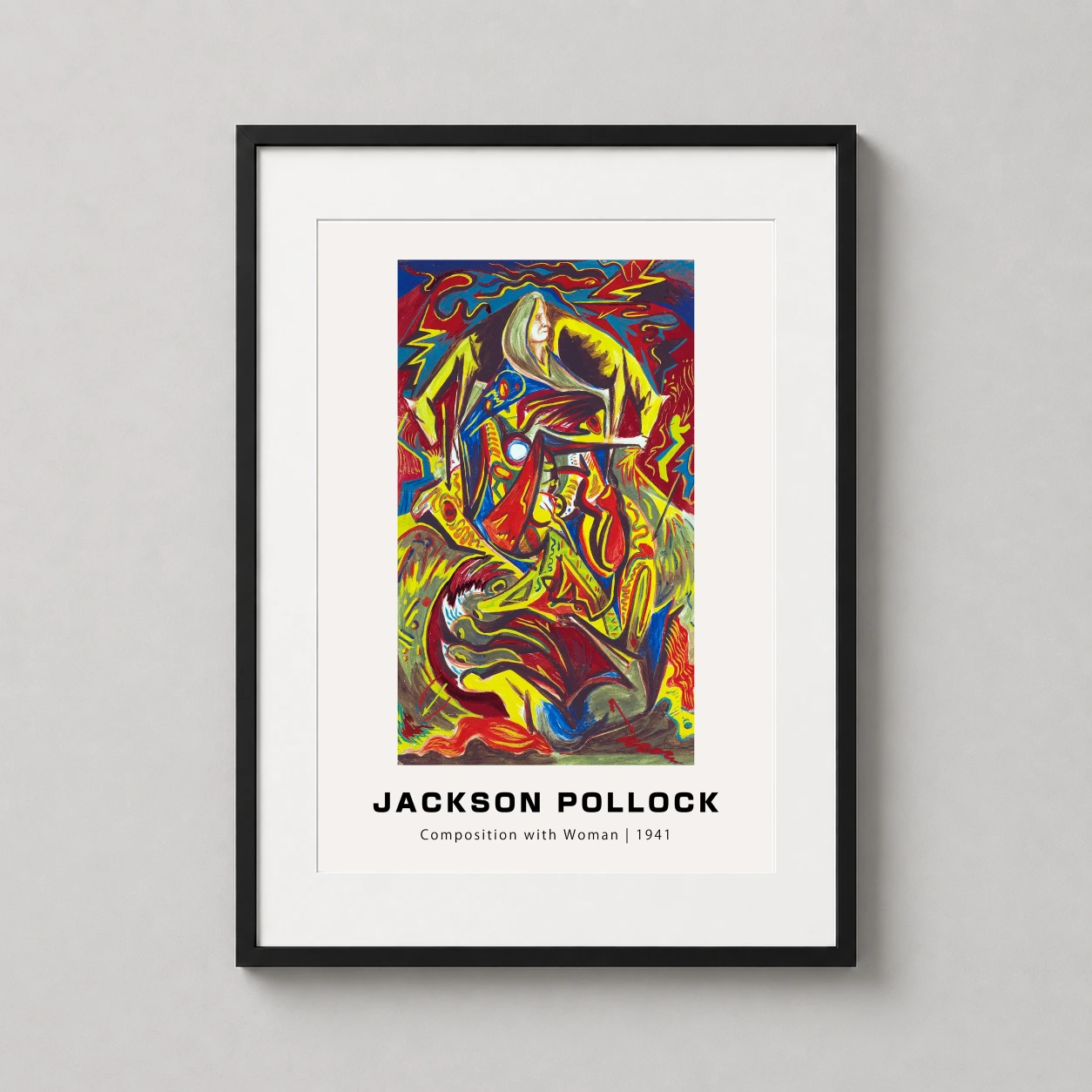 Room mockup of Jackson Pollock Composition with Woman 1941 Abstract Art Print, displayed as framed wall art in a living room setting as a portrait print with blue, yellow, and red tones.