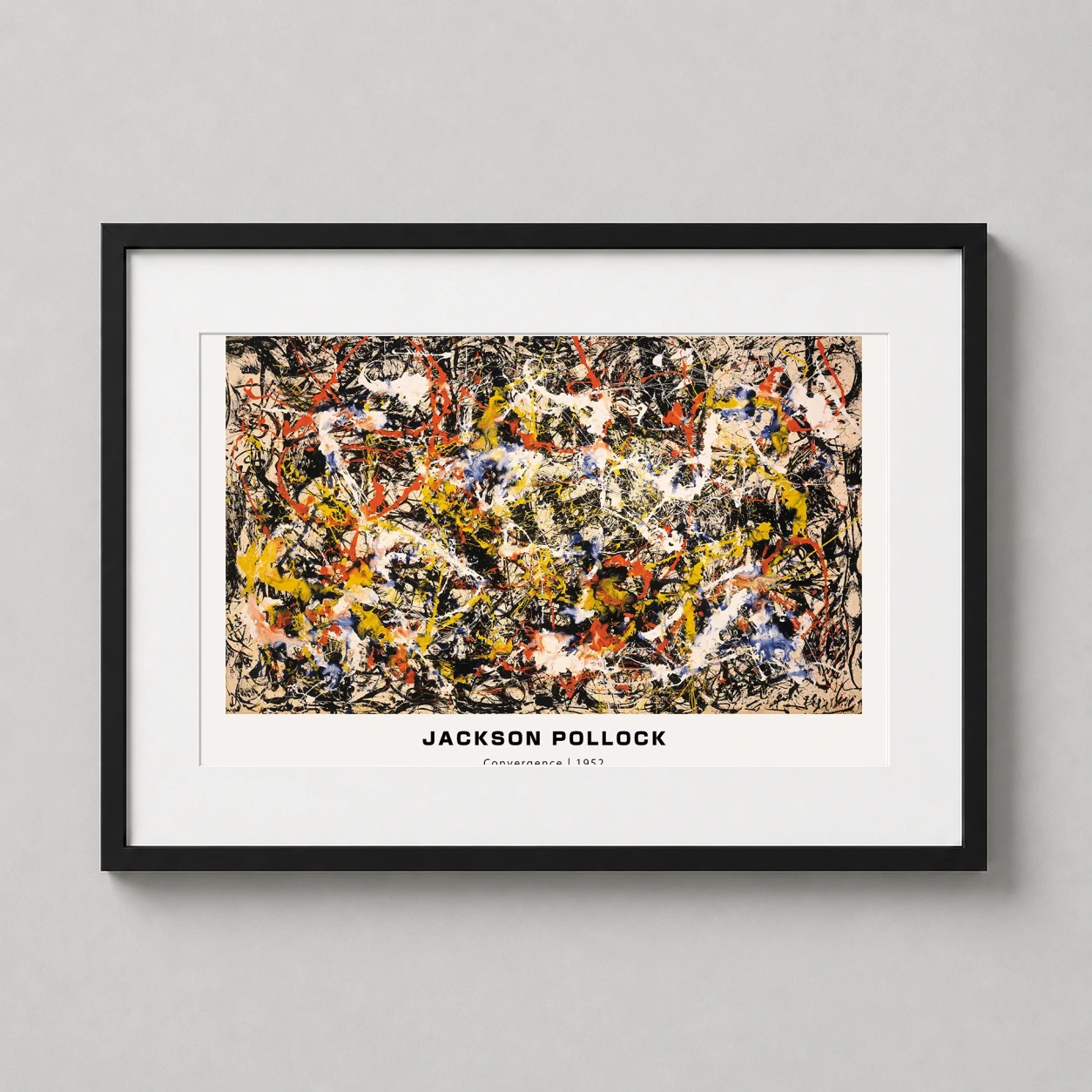 Room mockup of Jackson Pollock Convergence 1952 Abstract Expressionist Art Print, displayed as framed wall art in a living room setting as a landscape print with yellow, red, and black tones.