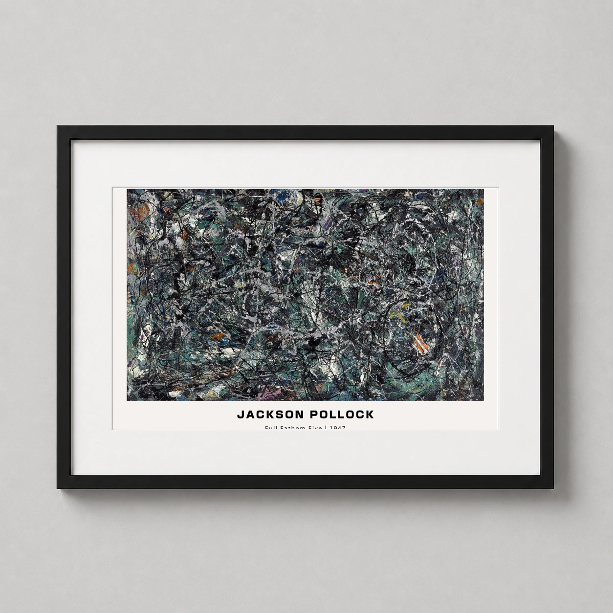 Room mockup of Jackson Pollock Full Fathom Five 1947 Abstract Expressionist Print, displayed as framed wall art in a living room setting as a landscape print with teal, green, and orange tones.