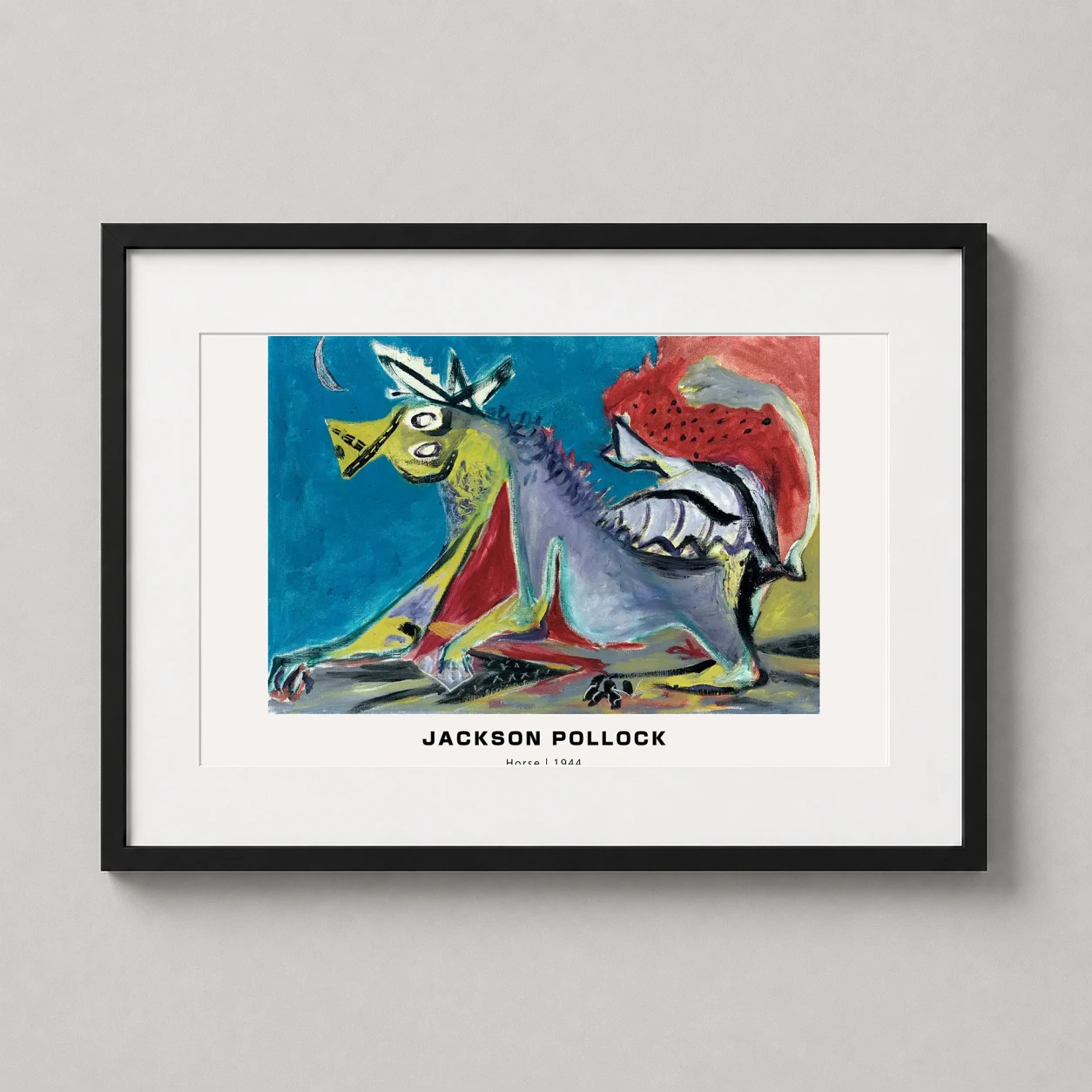 Room mockup of Jackson Pollock Horse 1944 Abstract Surrealist Art Print, displayed as framed wall art in a bedroom setting as a landscape print with red tones.
