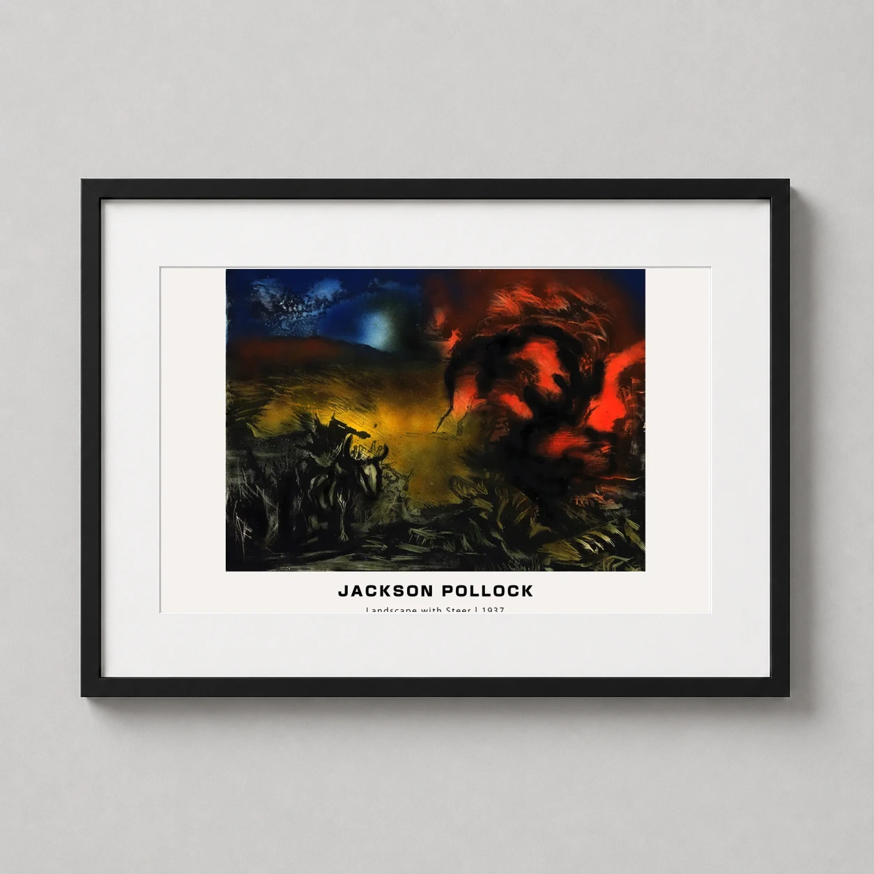 Room mockup of Jackson Pollock Landscape with Steer 1937 Expressionist Art Print, displayed as framed wall art in a living room setting as a landscape print with blue and red tones.