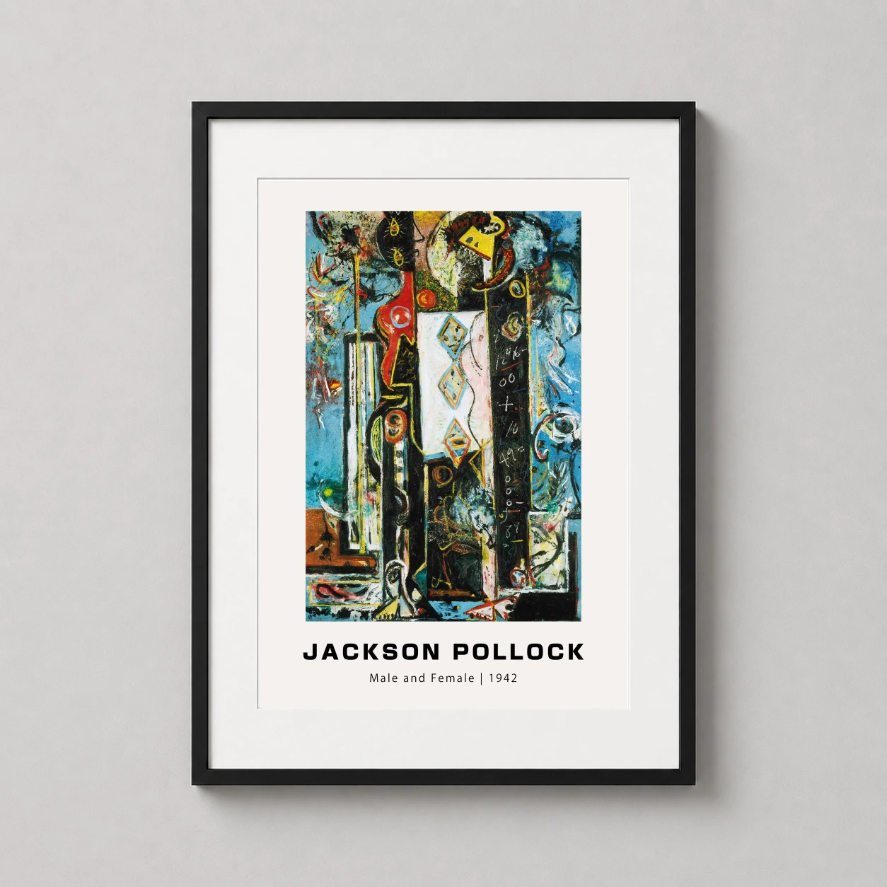 Room mockup of Jackson Pollock Male and Female 1942 Abstract Expressionist Art Print, displayed as framed wall art in a living room setting as a portrait print.