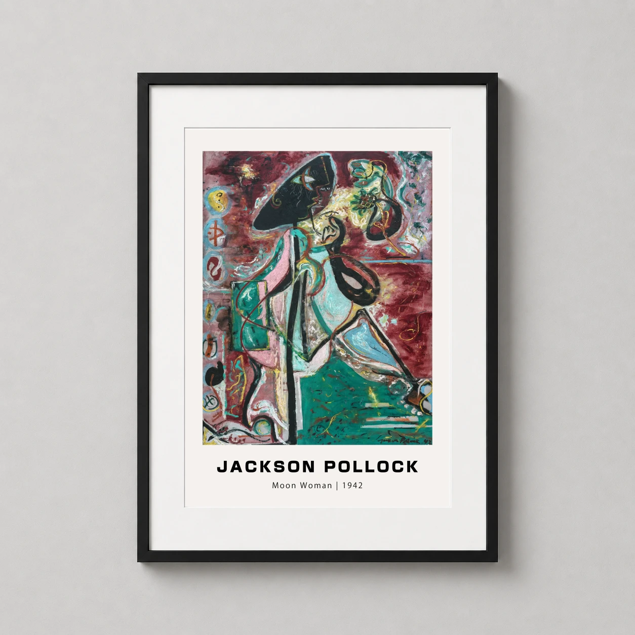 Room mockup of Moon Woman 1942 by Jackson Pollock Abstract Expressionist Art Print, displayed as framed wall art in a living room setting as a portrait print with green tones.