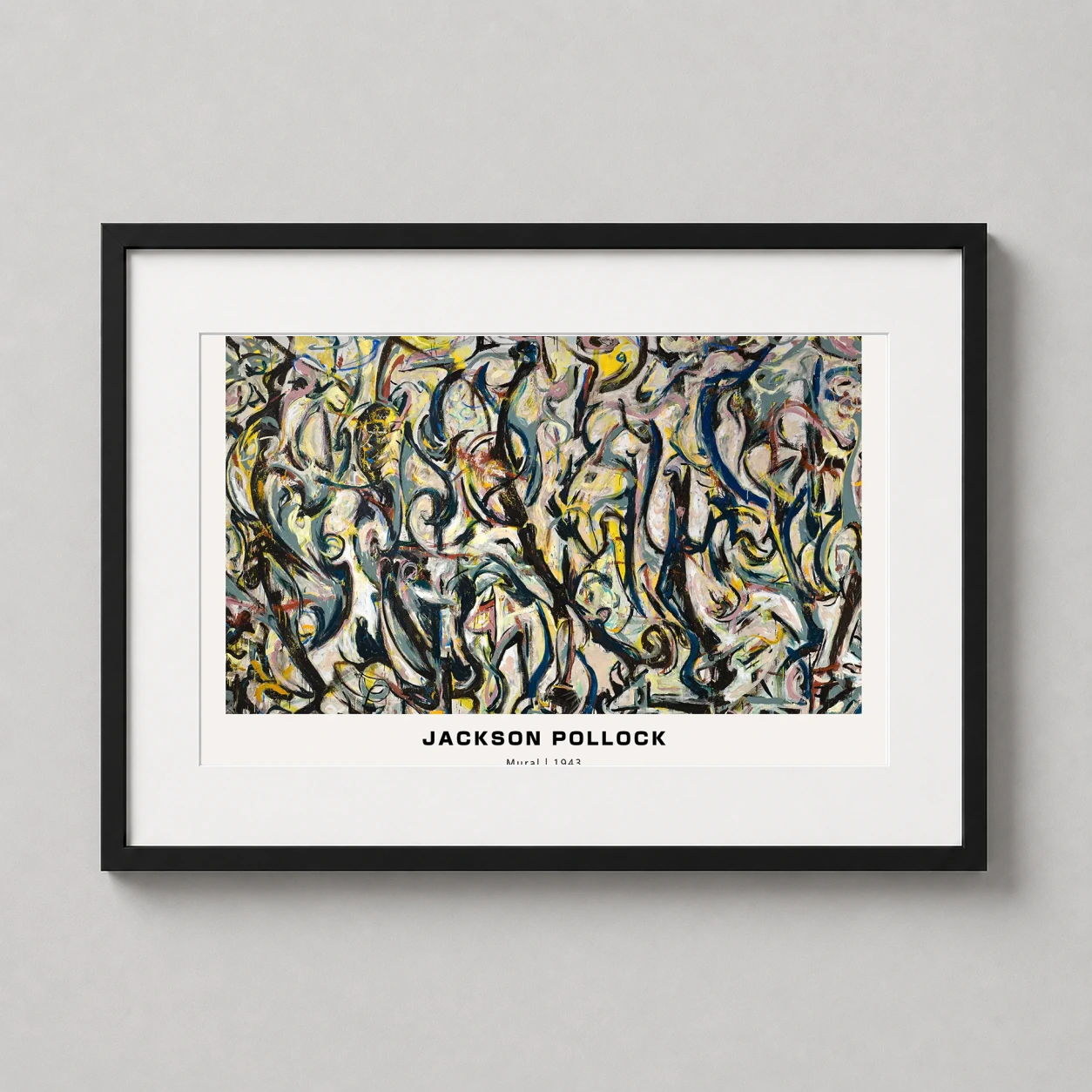 Room mockup of Jackson Pollock Mural 1943 Abstract Expressionist Art Print, displayed as framed wall art in a living room setting as a landscape print with red and black tones.