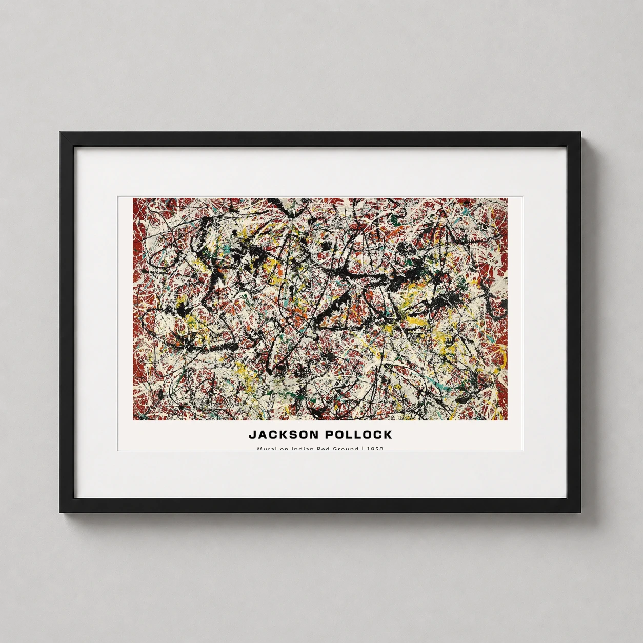 Room mockup of Jackson Pollock Mural on Indian Red Ground 1950 Abstract Art Print, displayed as framed wall art in a living room setting as a landscape print with yellow, red, and black tones.
