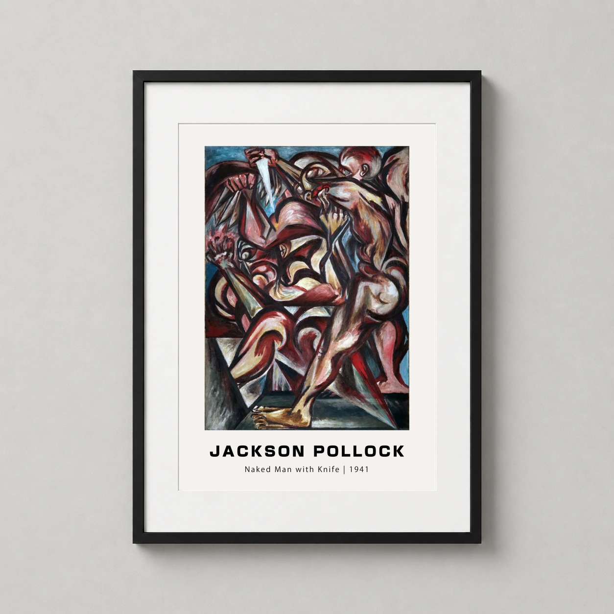 Room mockup of Jackson Pollock Naked Man with Knife 1941 Expressionist Art Print, displayed as framed wall art in a living room setting as a portrait print.