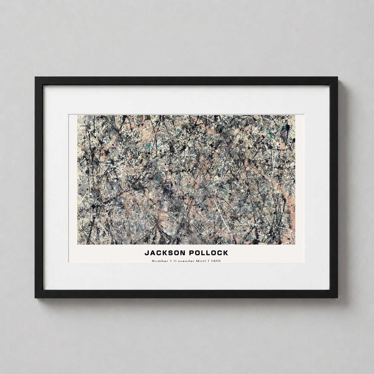 Room mockup of Lavender Mist Number 1 by Jackson Pollock Abstract Art Print, displayed as framed wall art in a living room setting as a landscape print with blue, black, and white tones.